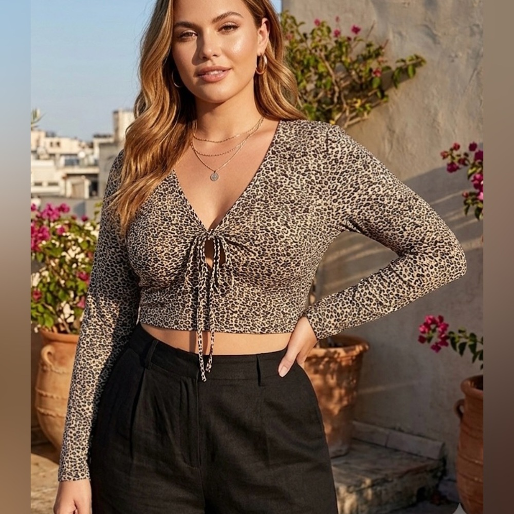 SHEIN Leopard Tie-Front Long Sleeve Crop Top - Brown, Black